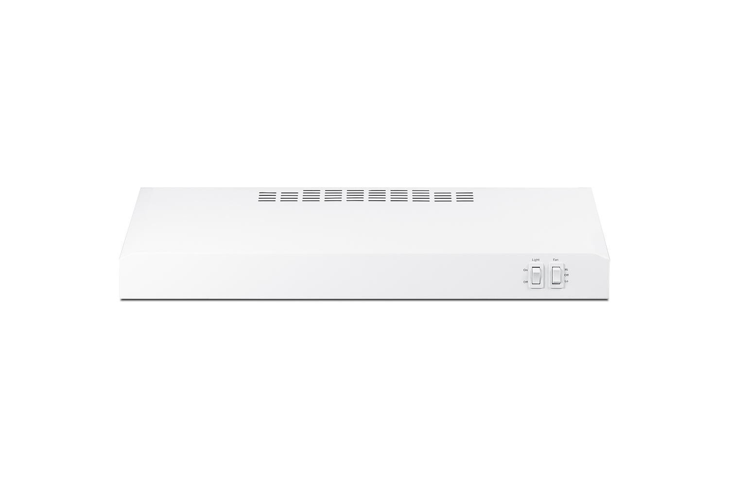24 inch wide under cabinet convertible range hood for ducted or ductless use in white, made in North America